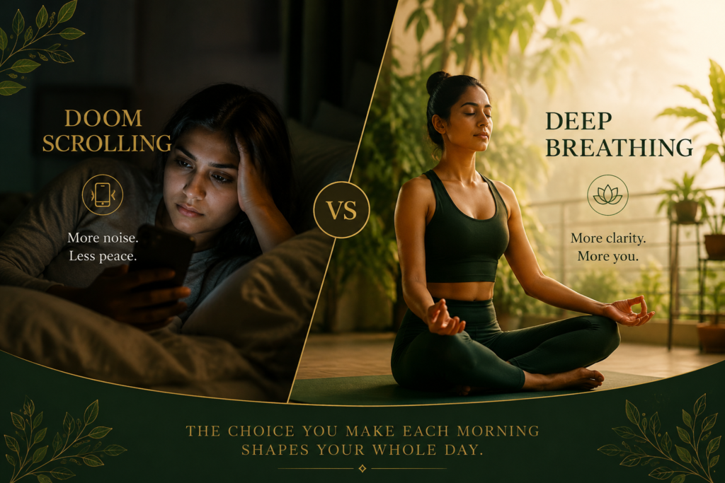 A girl is doomscrolling vs a girl is deep breathing.
